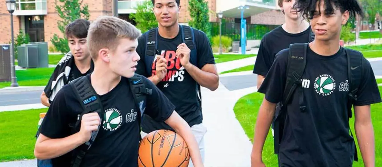 Basketball players walking to gym together at NBC Basketball Camps