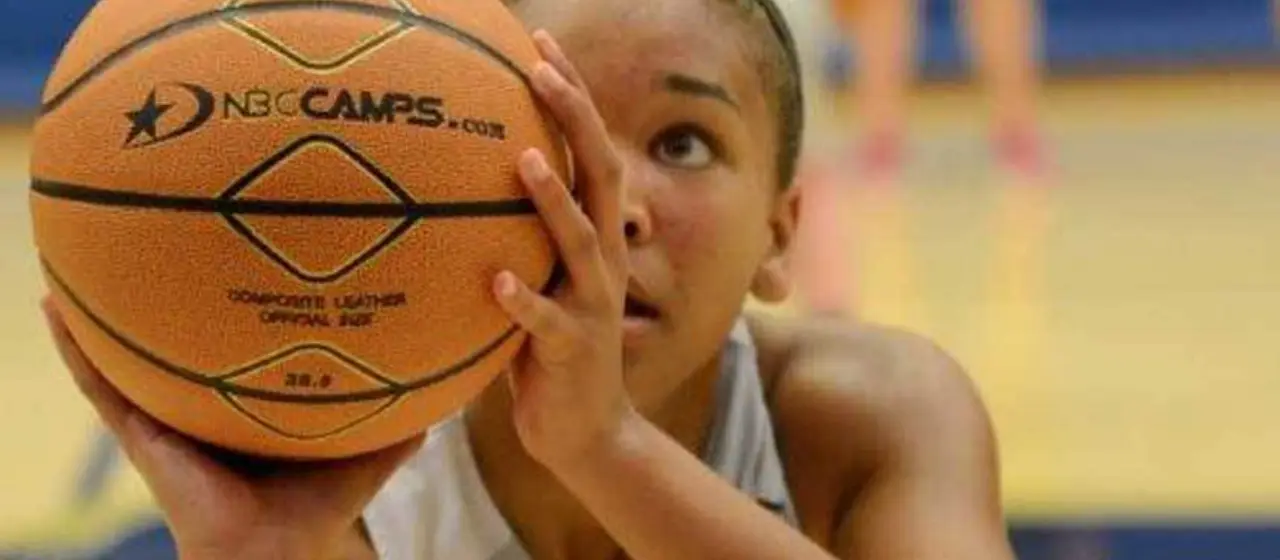 Girl basketball player views rim during free throw practice